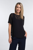 The N-E-S Charlie Top – a lightweight chiffon tee with relaxed fit, sheer layering and travel-friendly fabric. Designed and made in NZ.
