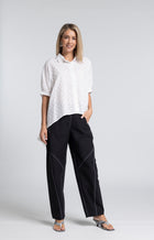 The NES Demi Pant – a relaxed barrel leg pant with elastic waist and utility detailing. Comfortable, modern and NZ made.