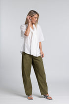 The NES Demi Pant – a relaxed barrel leg pant with elastic waist and utility detailing. Comfortable, modern and NZ made.