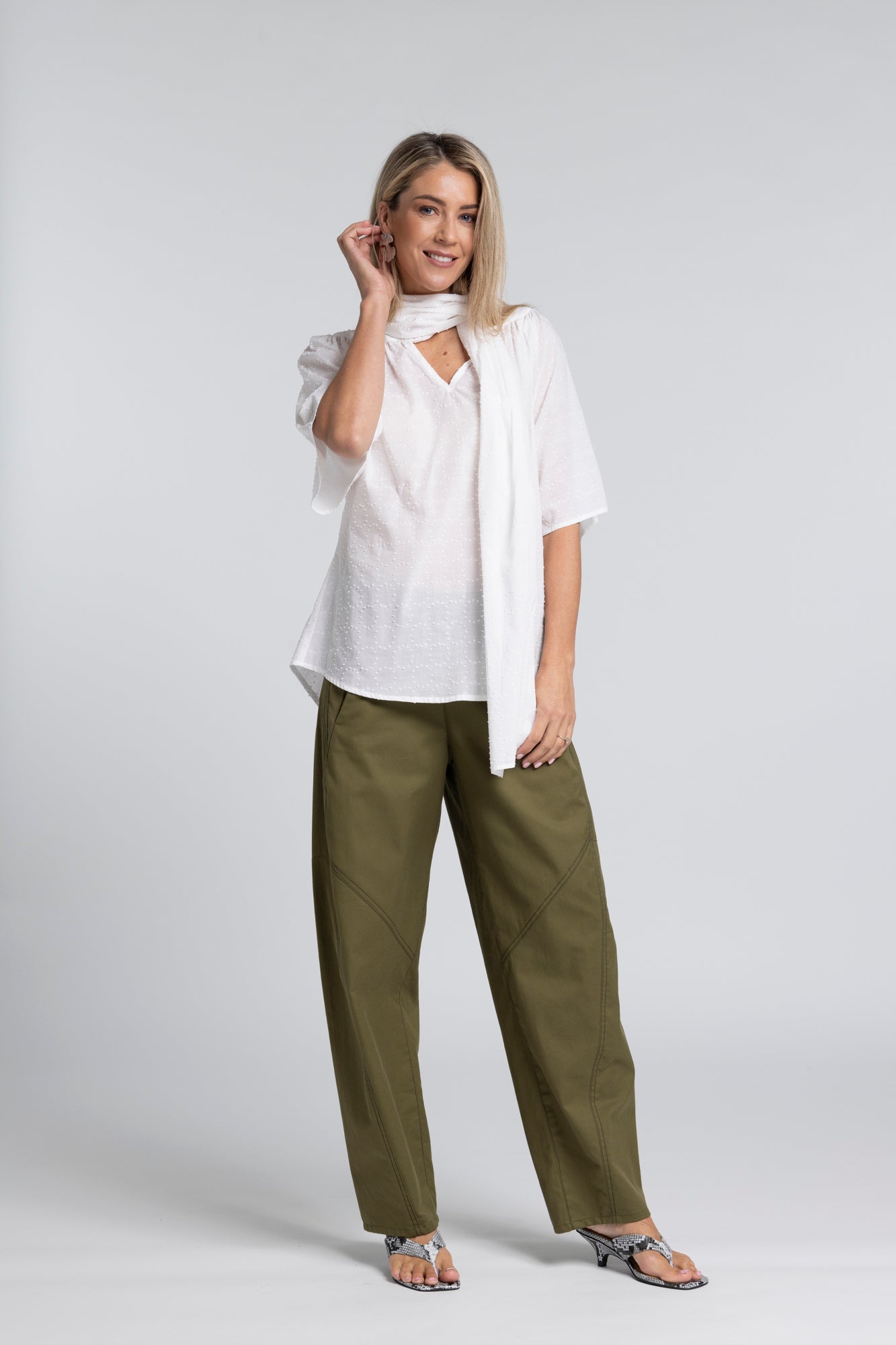 The NES Demi Pant – a relaxed barrel leg pant with elastic waist and utility detailing. Comfortable, modern and NZ made.