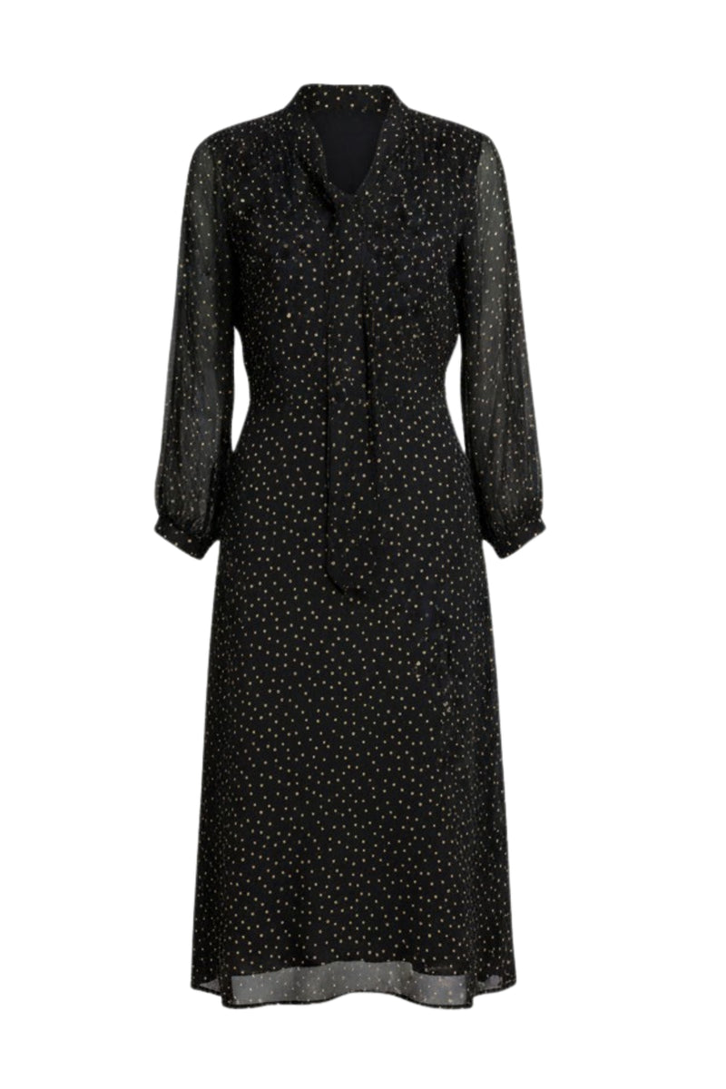 The NES Esme Dress by N-E-S - a soft viscose georgette dress with raglan sleeves, waist tie and subtle polka dot print. Mid calf and NZ made.