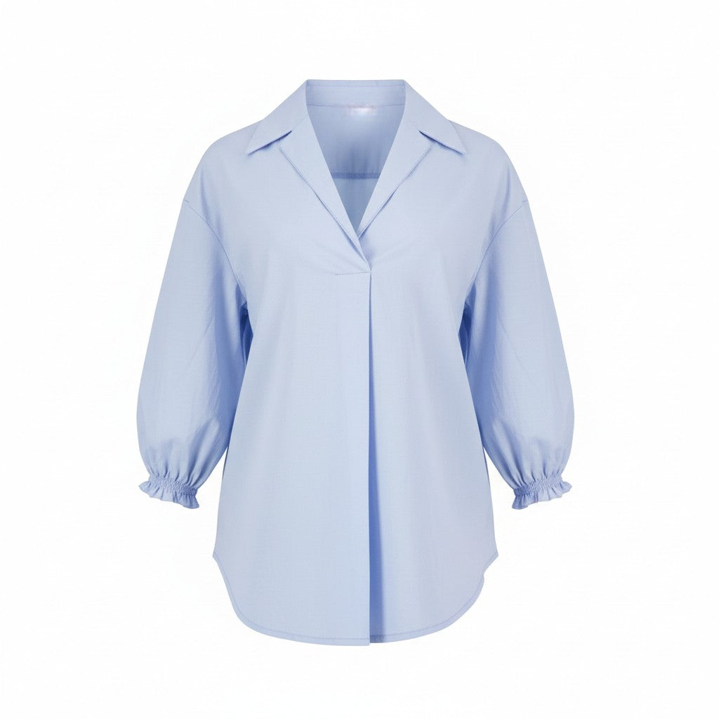 The NES Fara Shirt – a feminine shirt with shirred sleeves, V-neck and back detail. Lightweight, versatile and NZ made.