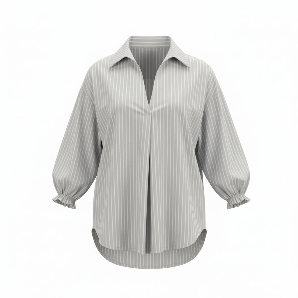 The NES Fara Shirt – a feminine shirt with shirred sleeves, V-neck and back detail. Lightweight, versatile and NZ made.