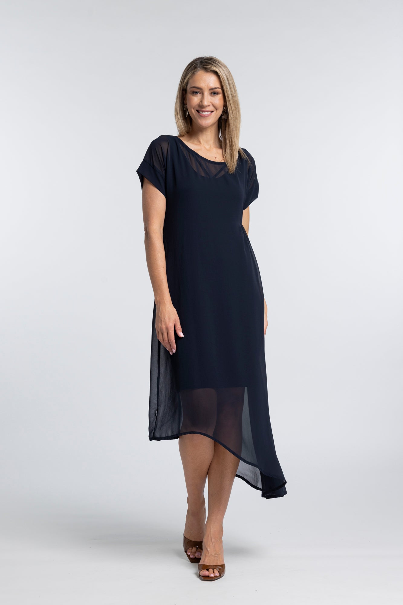 The NES Flow Dress – a versatile chiffon dress with adjustable drape styling. Wear it your way for day or night. Designed and made in NZ.