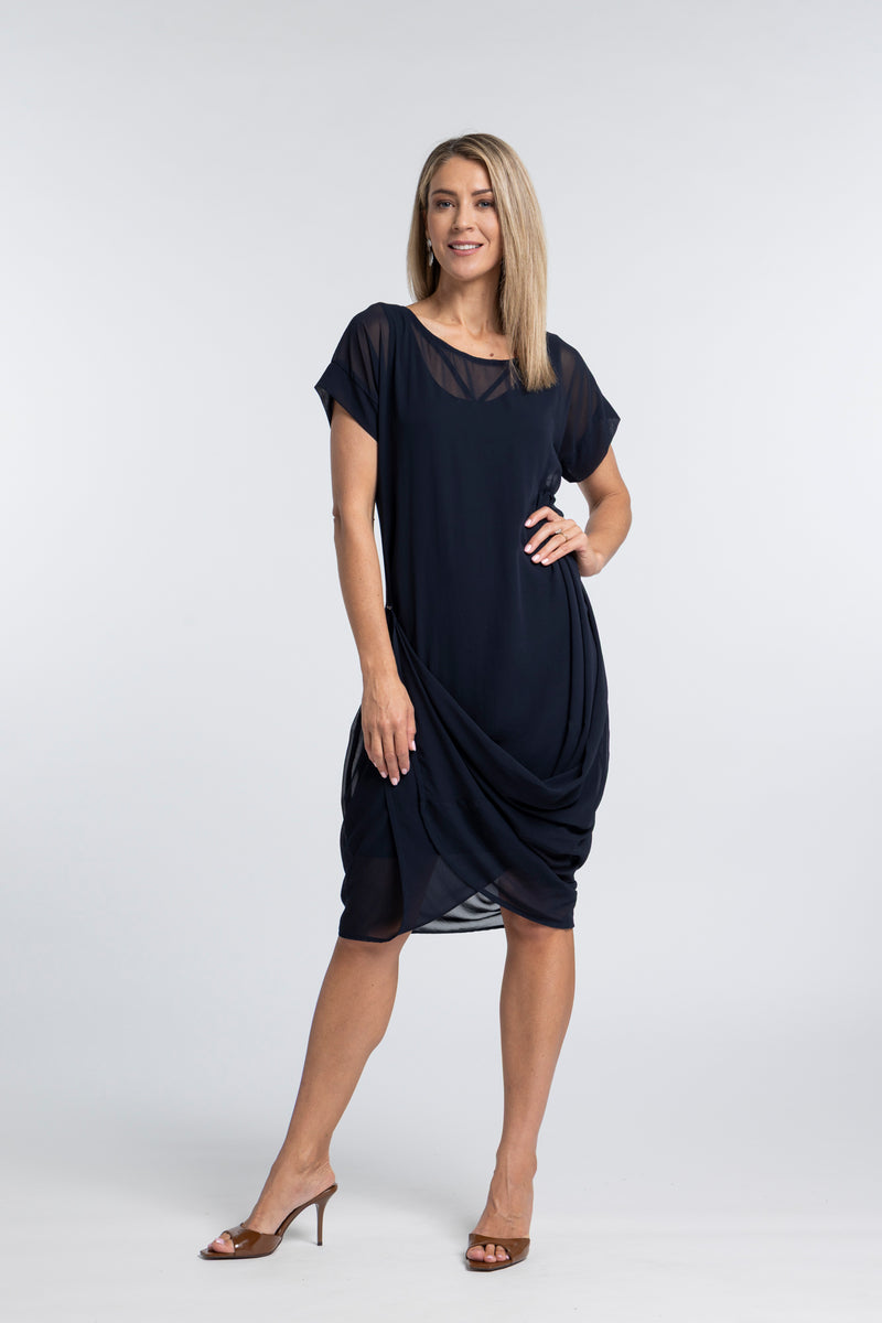 The NES Flow Dress – a versatile chiffon dress with adjustable drape styling. Wear it your way for day or night. Designed and made in NZ.