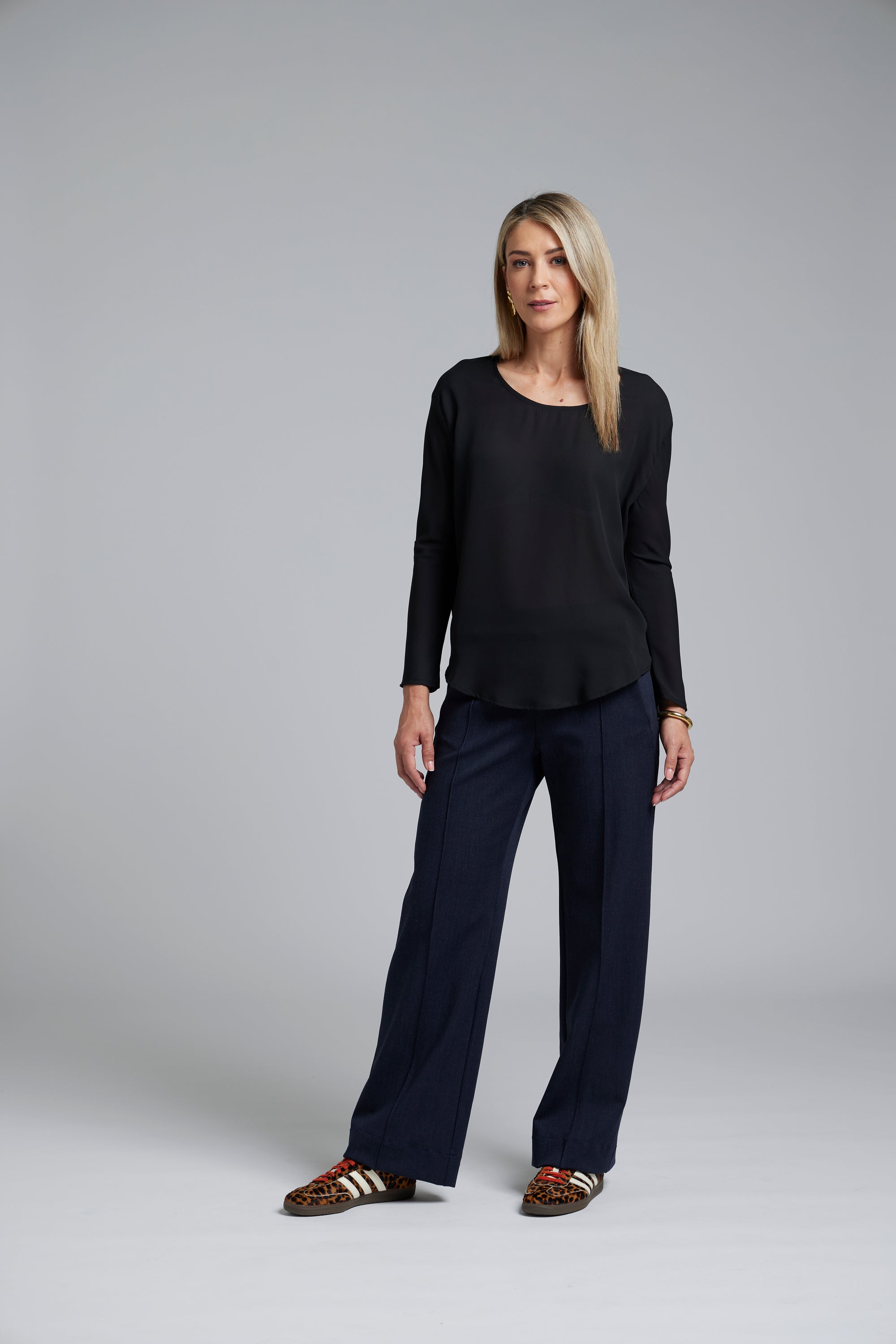 The NES Ginnie Pants by N-E-S – a classic straight leg pant with centre pin stitch seam, elastic back waist and comfort stretch fabric. NZ made.