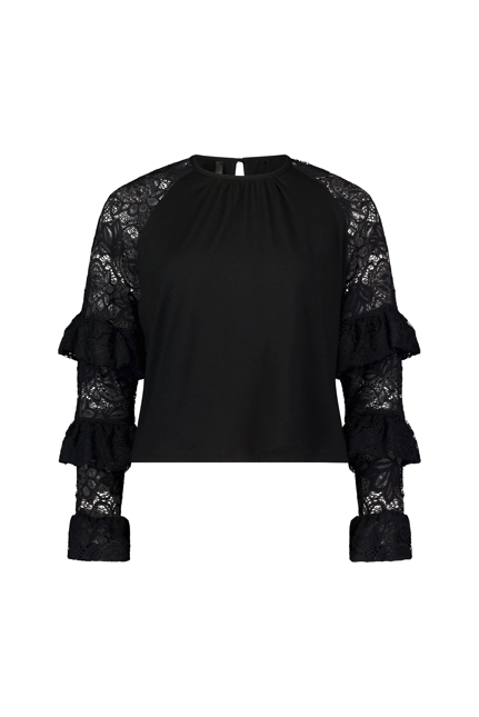 NES Luxa Top by N-E-S – a black merino long sleeve with ruffled lace dolman sleeves, subtle gathers and keyhole back. Sculptural, modern and NZ made.