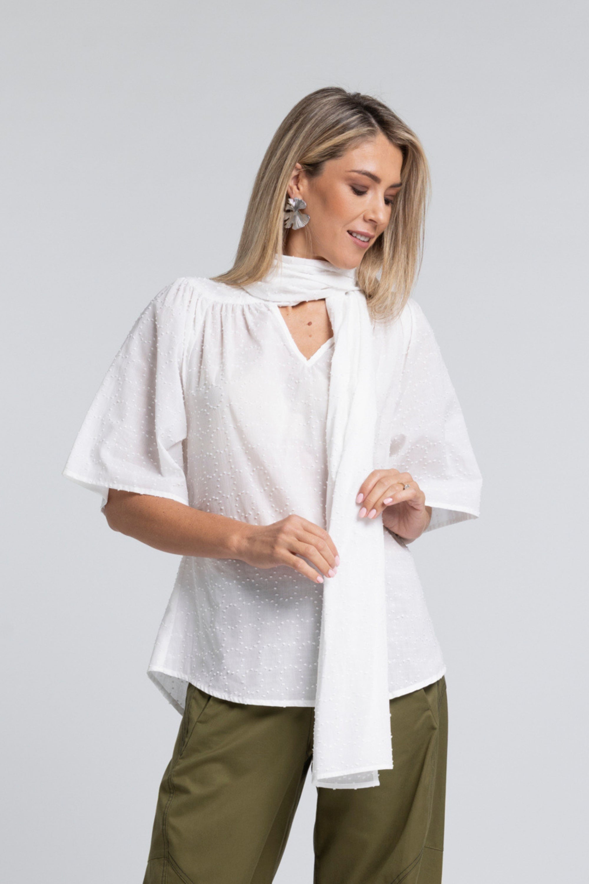 The NES Nova Shirt in cotton flock – a textured, reversible shirt with tie neckline. Lightweight, elegant and NZ made.
