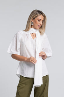 The NES Nova Shirt in cotton flock – a textured, reversible shirt with tie neckline. Lightweight, elegant and NZ made.