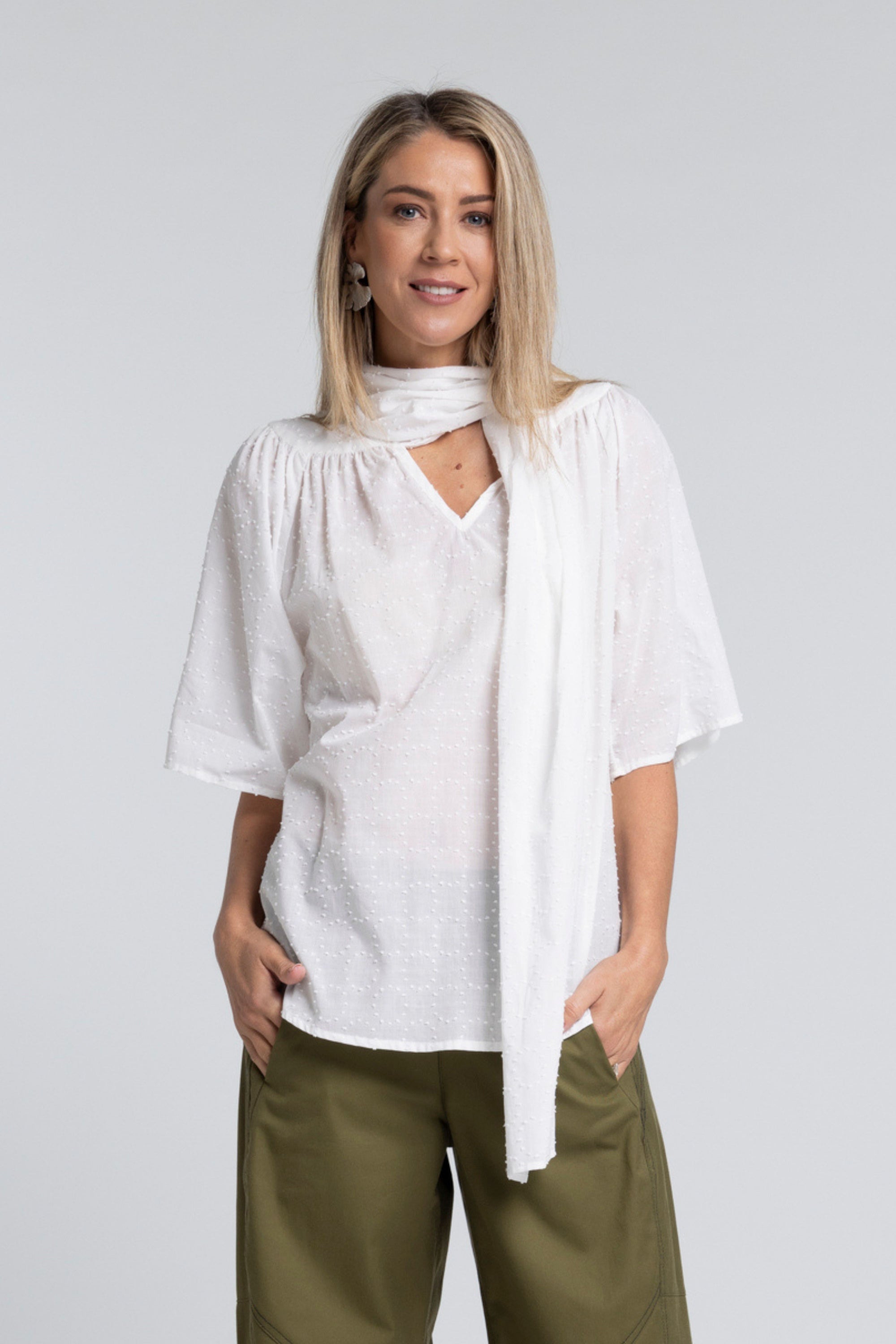 The NES Nova Shirt in cotton flock – a textured, reversible shirt with tie neckline. Lightweight, elegant and NZ made.
