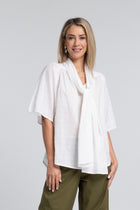 The NES Nova Shirt in cotton flock – a textured, reversible shirt with tie neckline. Lightweight, elegant and NZ made.