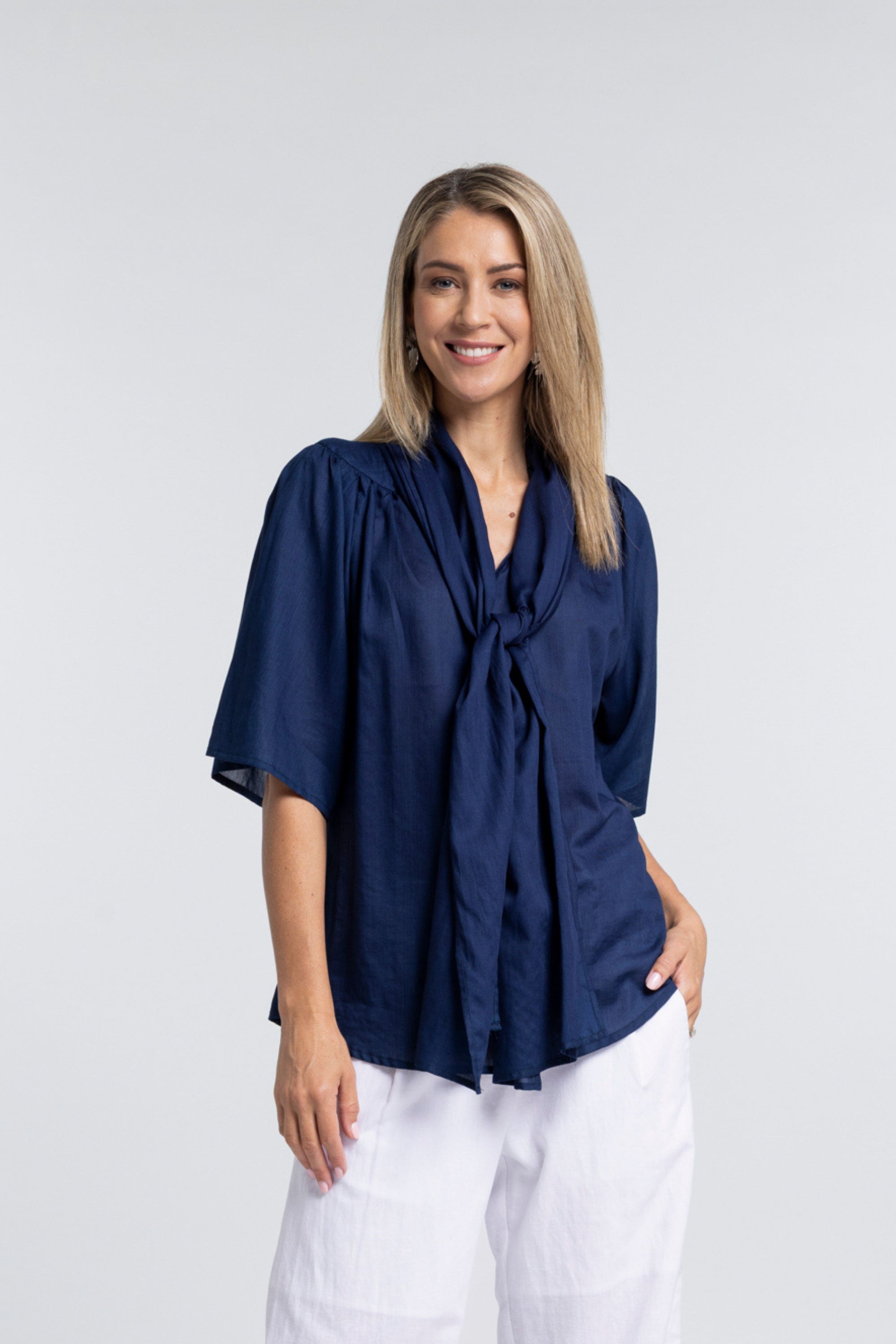 The NES Nova Shirt – a reversible cotton voile shirt with tie neckline and relaxed fit. Lightweight, versatile and NZ made.