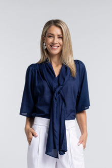The NES Nova Shirt – a reversible cotton voile shirt with tie neckline and relaxed fit. Lightweight, versatile and NZ made.