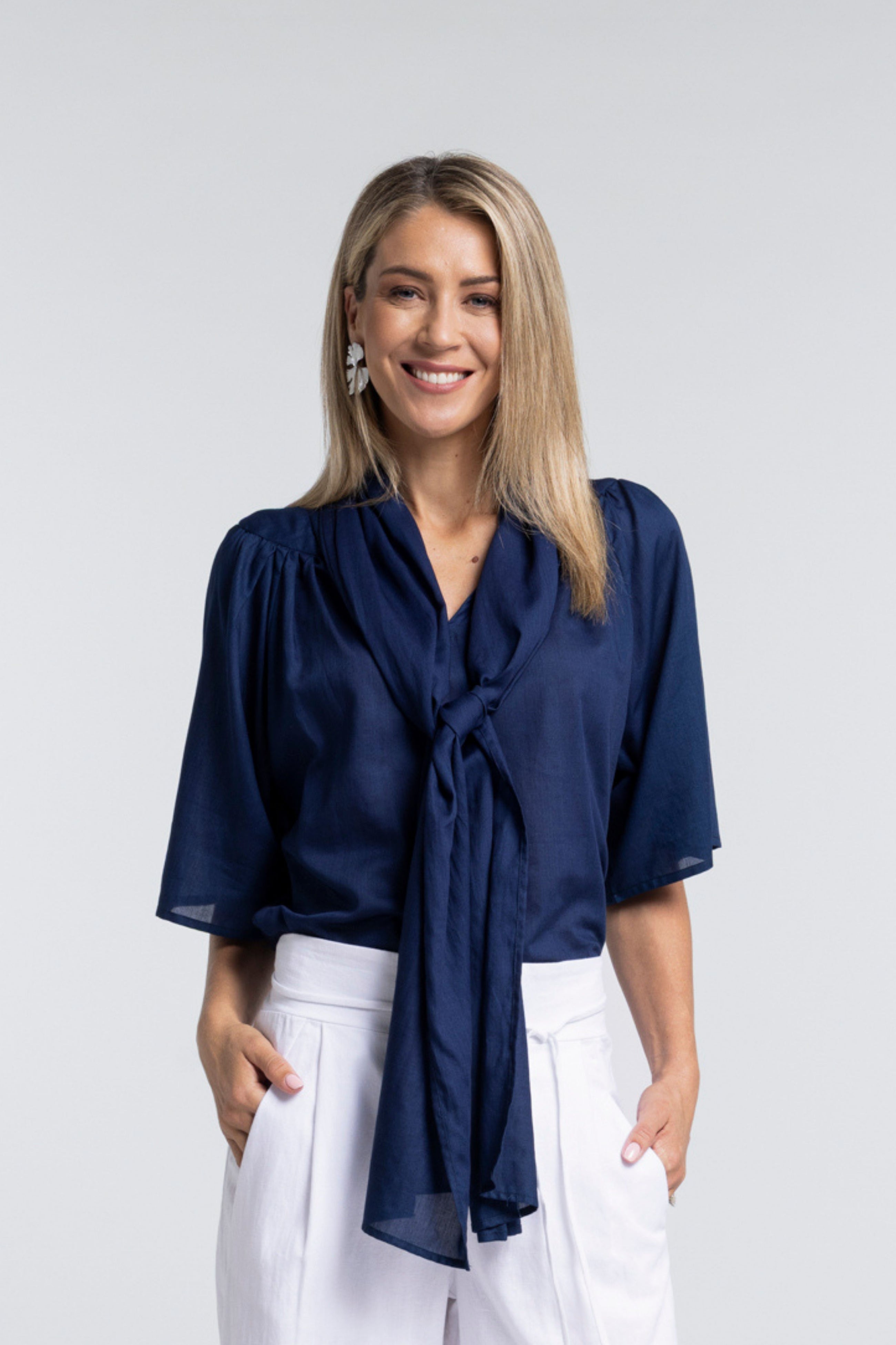 The NES Nova Shirt – a reversible cotton voile shirt with tie neckline and relaxed fit. Lightweight, versatile and NZ made.
