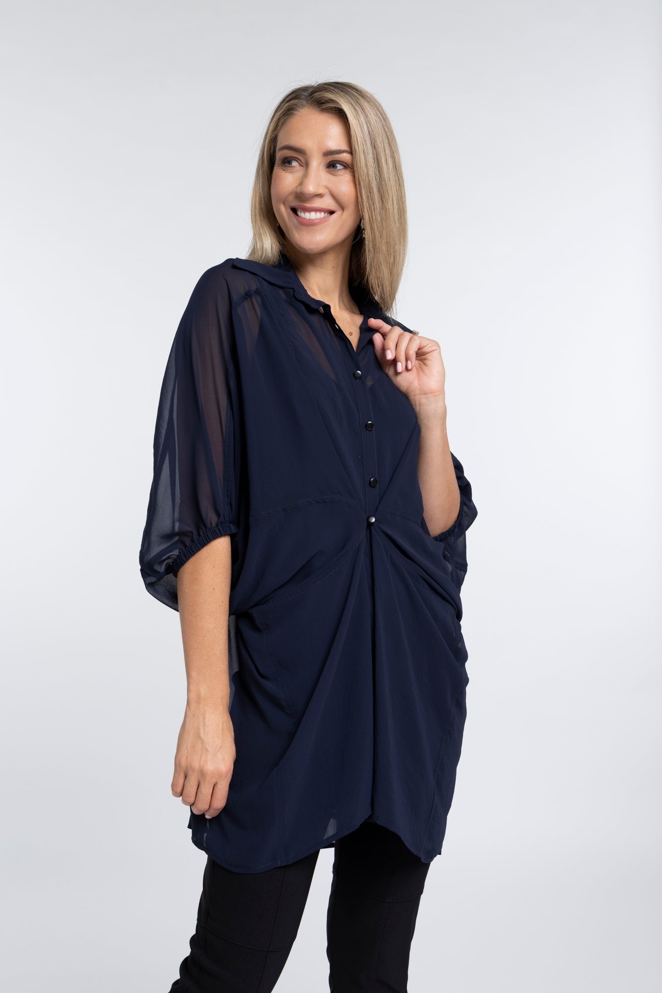 The NES Obi Shirt – a sheer chiffon shirt with relaxed fit and adjustable waist. Lightweight, versatile and NZ made.