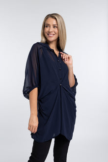 The NES Obi Shirt – a sheer chiffon shirt with relaxed fit and adjustable waist. Lightweight, versatile and NZ made.