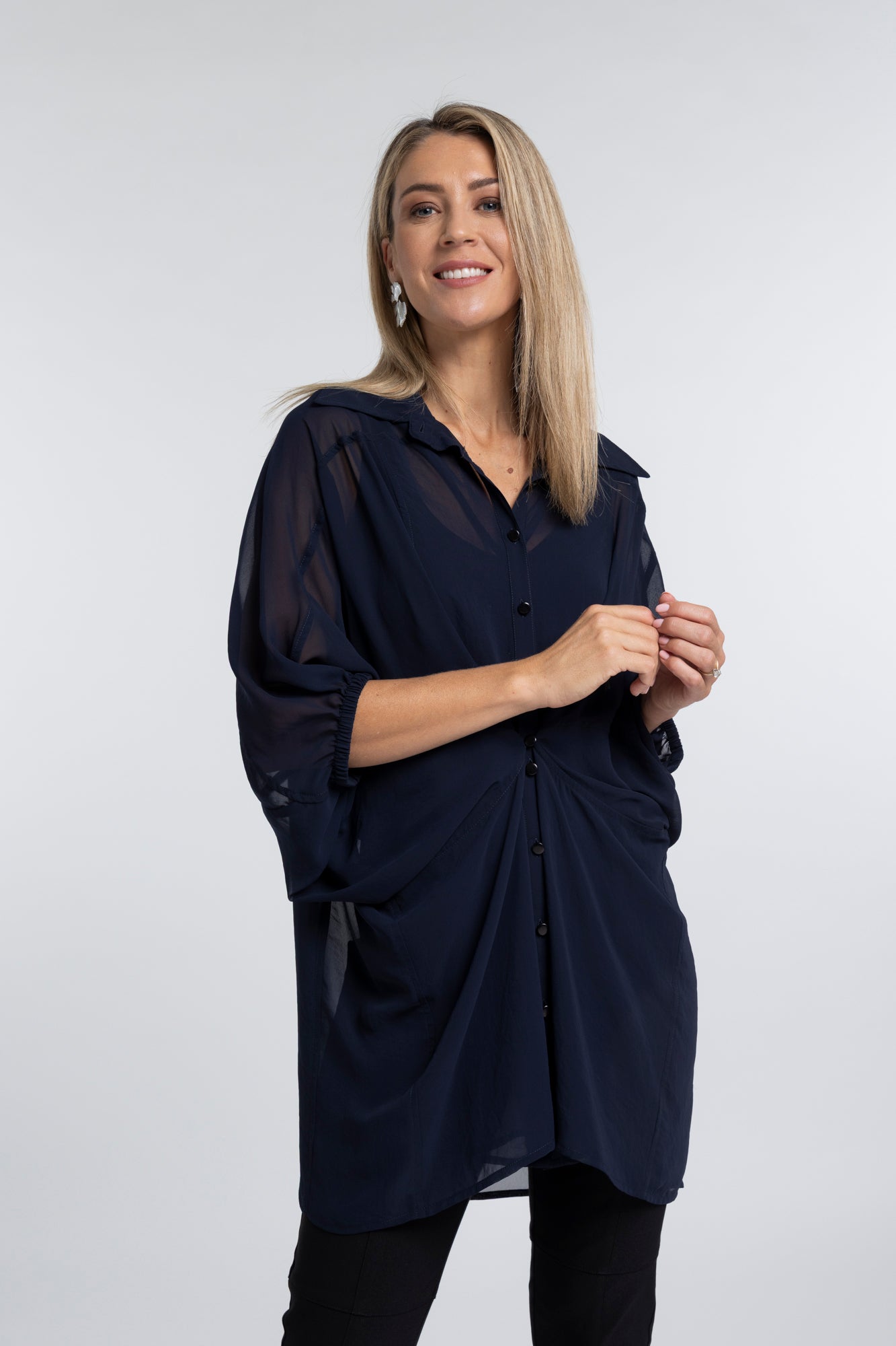 The NES Obi Shirt – a sheer chiffon shirt with relaxed fit and adjustable waist. Lightweight, versatile and NZ made.