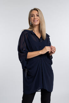 The NES Obi Shirt – a sheer chiffon shirt with relaxed fit and adjustable waist. Lightweight, versatile and NZ made.
