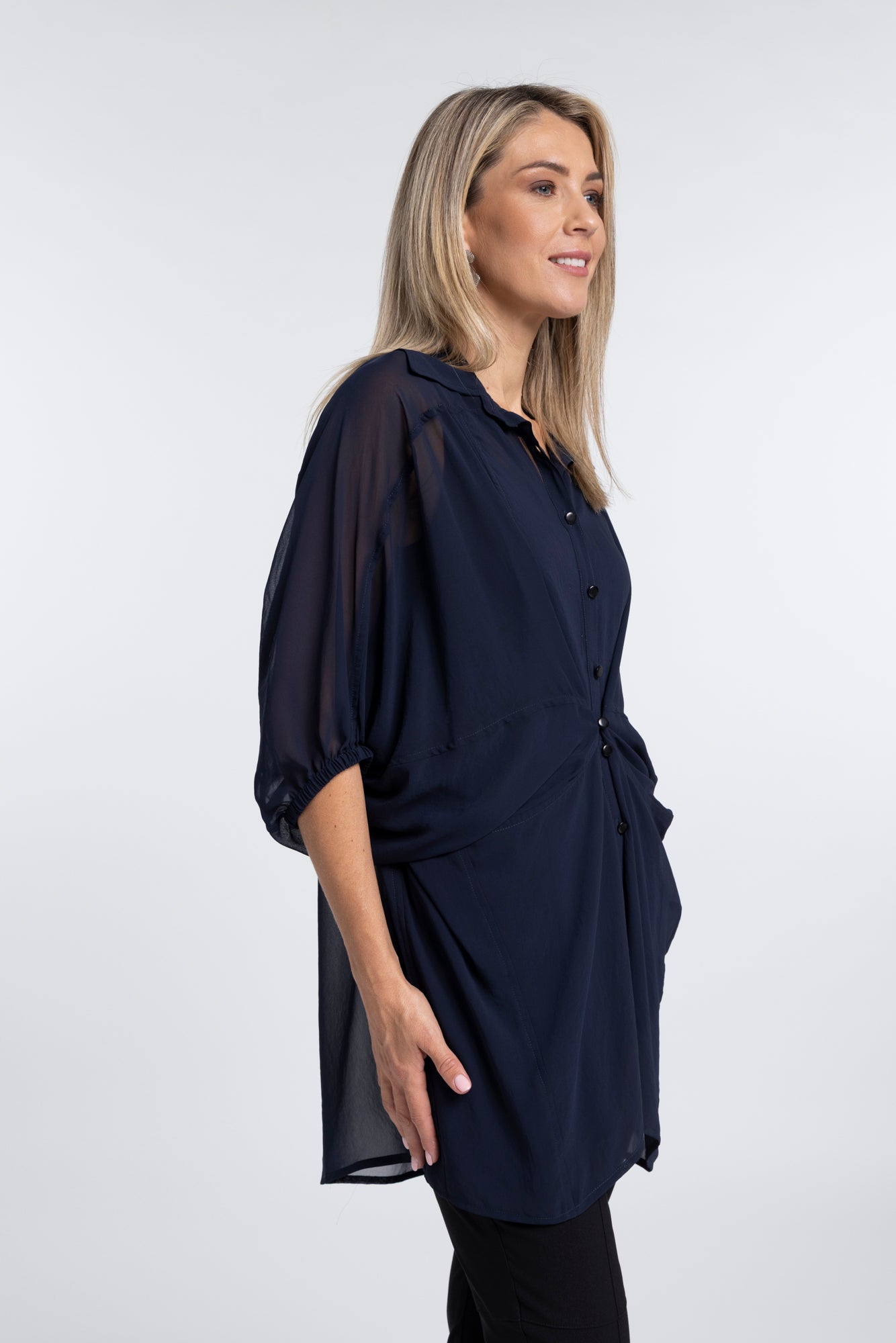 The NES Obi Shirt – a sheer chiffon shirt with relaxed fit and adjustable waist. Lightweight, versatile and NZ made.