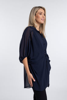 The NES Obi Shirt – a sheer chiffon shirt with relaxed fit and adjustable waist. Lightweight, versatile and NZ made.