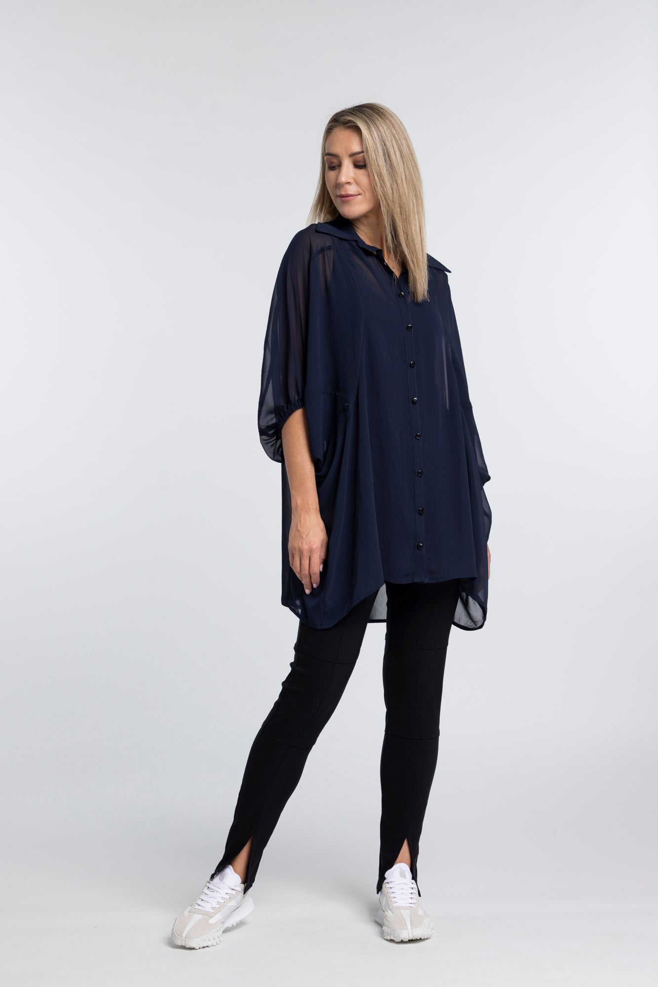 The NES Obi Shirt – a sheer chiffon shirt with relaxed fit and adjustable waist. Lightweight, versatile and NZ made.