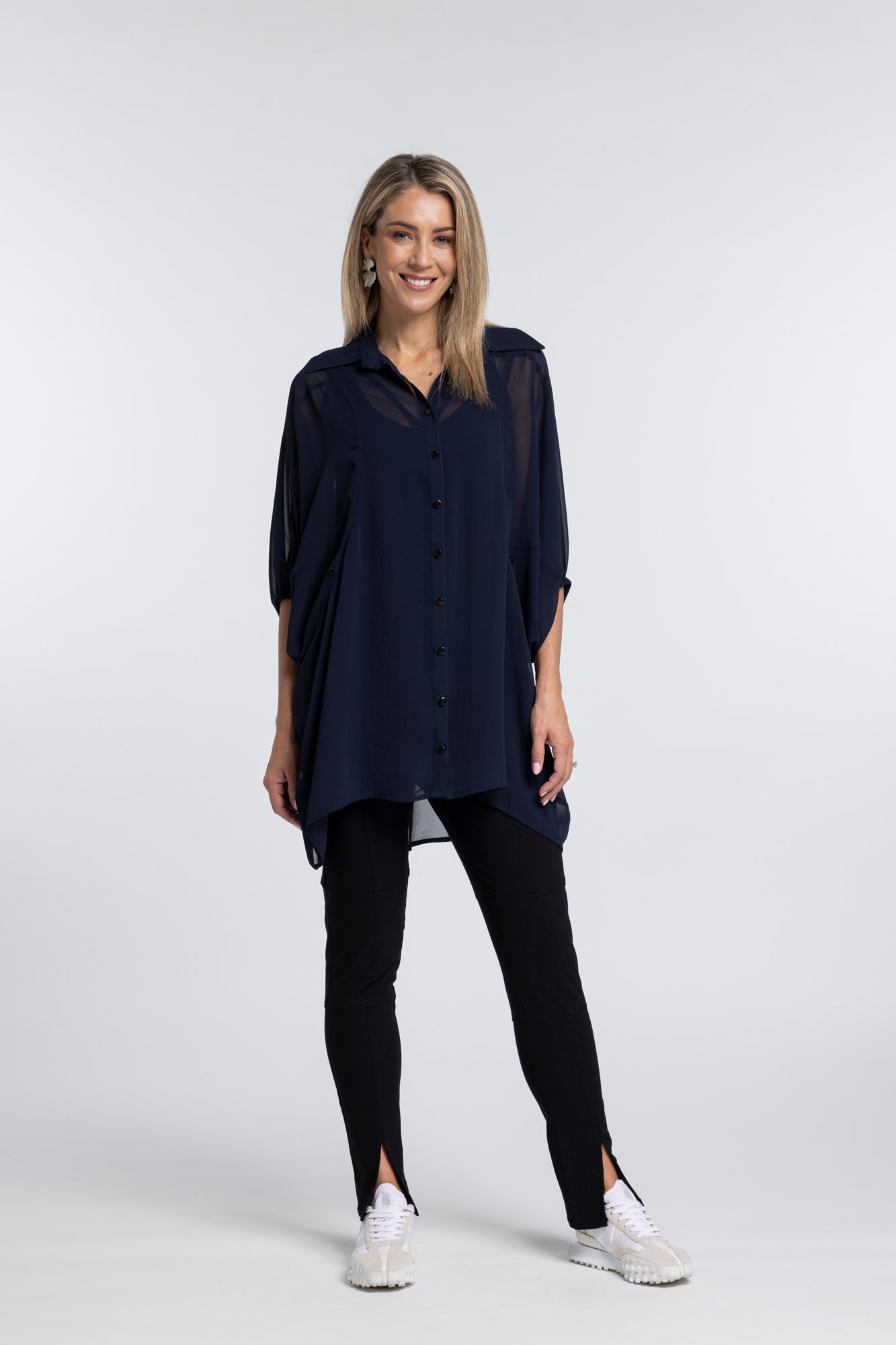 The NES Obi Shirt – a sheer chiffon shirt with relaxed fit and adjustable waist. Lightweight, versatile and NZ made.