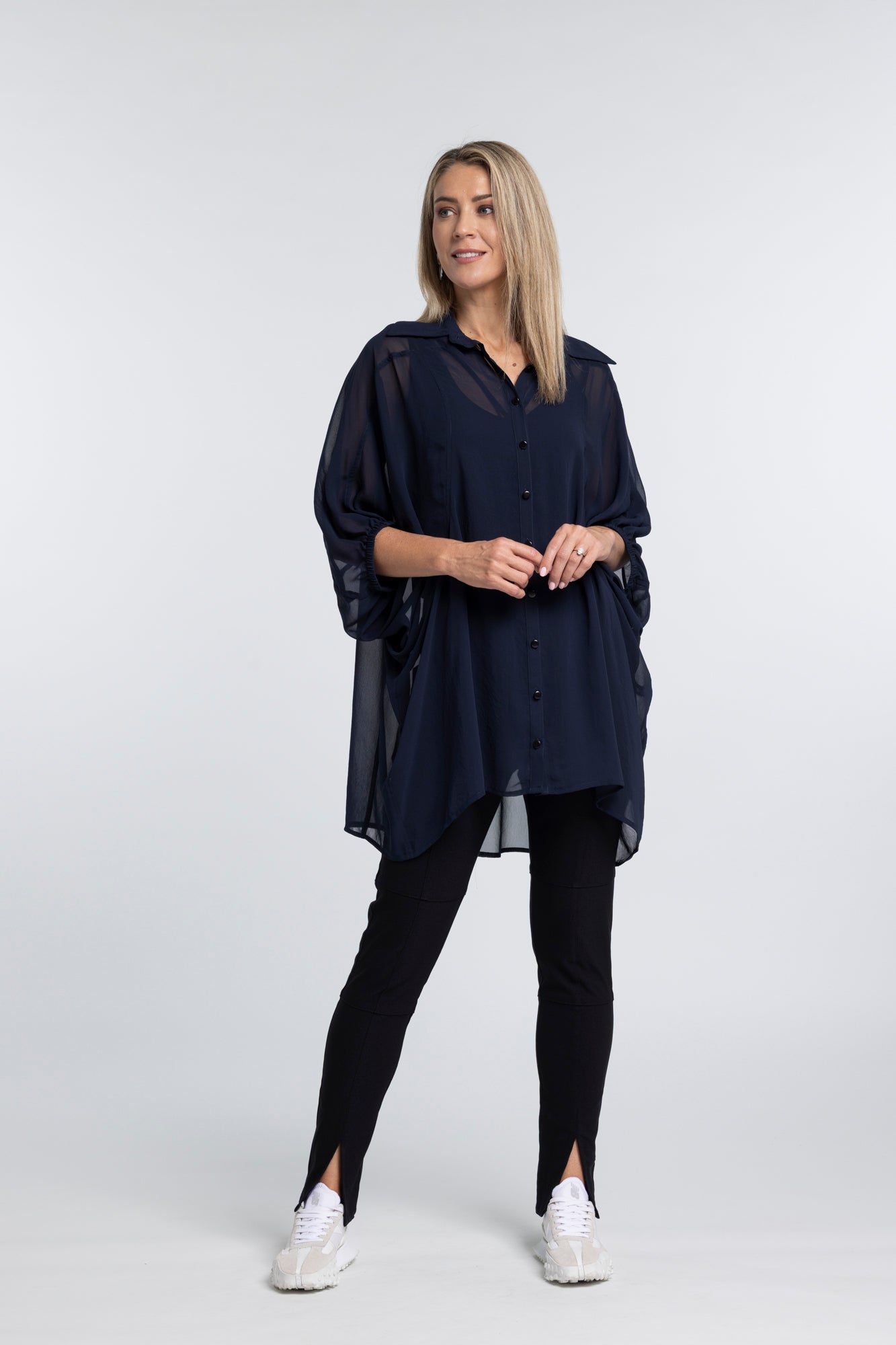 The NES Obi Shirt – a sheer chiffon shirt with relaxed fit and adjustable waist. Lightweight, versatile and NZ made.