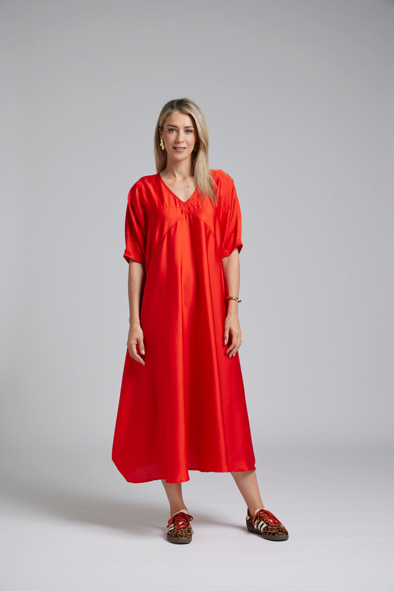 The NES Remi Satin Dress by N-E-S. A floaty chiffon maxi with kimono sleeves, V neckline and soft movement. Made in NZ.