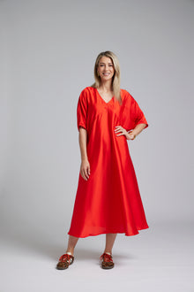 The NES Remi Satin Dress by N-E-S. A floaty chiffon maxi with kimono sleeves, V neckline and soft movement. Made in NZ.