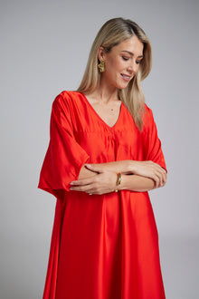 The NES Remi Satin Dress by N-E-S. A floaty chiffon maxi with kimono sleeves, V neckline and soft movement. Made in NZ.