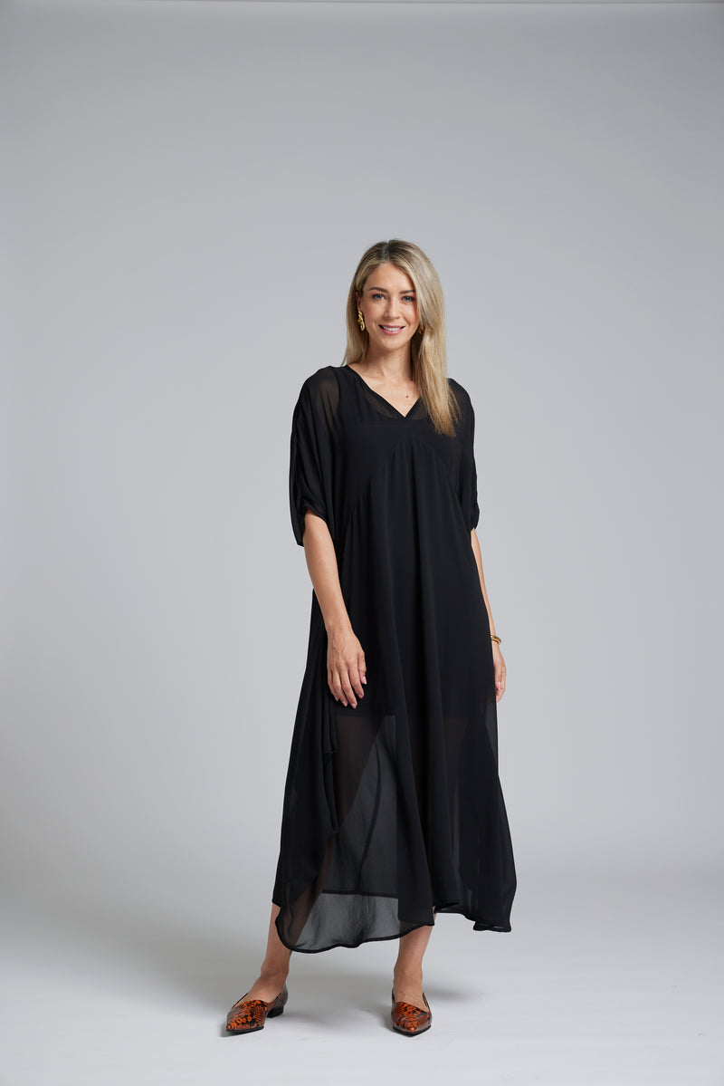 NES Remi Dress by N-E-S – a floaty chiffon dress with kimono sleeves and V neckline. Designed to layer over a Lattice Slip. Elegant, feminine and NZ made.