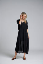 NES Remi Dress by N-E-S – a floaty chiffon dress with kimono sleeves and V neckline. Designed to layer over a Lattice Slip. Elegant, feminine and NZ made.