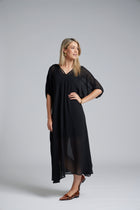 NES Remi Dress by N-E-S – a floaty chiffon dress with kimono sleeves and V neckline. Designed to layer over a Lattice Slip. Elegant, feminine and NZ made.