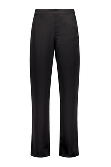 The NES Gin Satin Pant – a straight leg hammered satin pant with flat front, elastic back and fluid drape. Available in Black and Ink. NZ made.