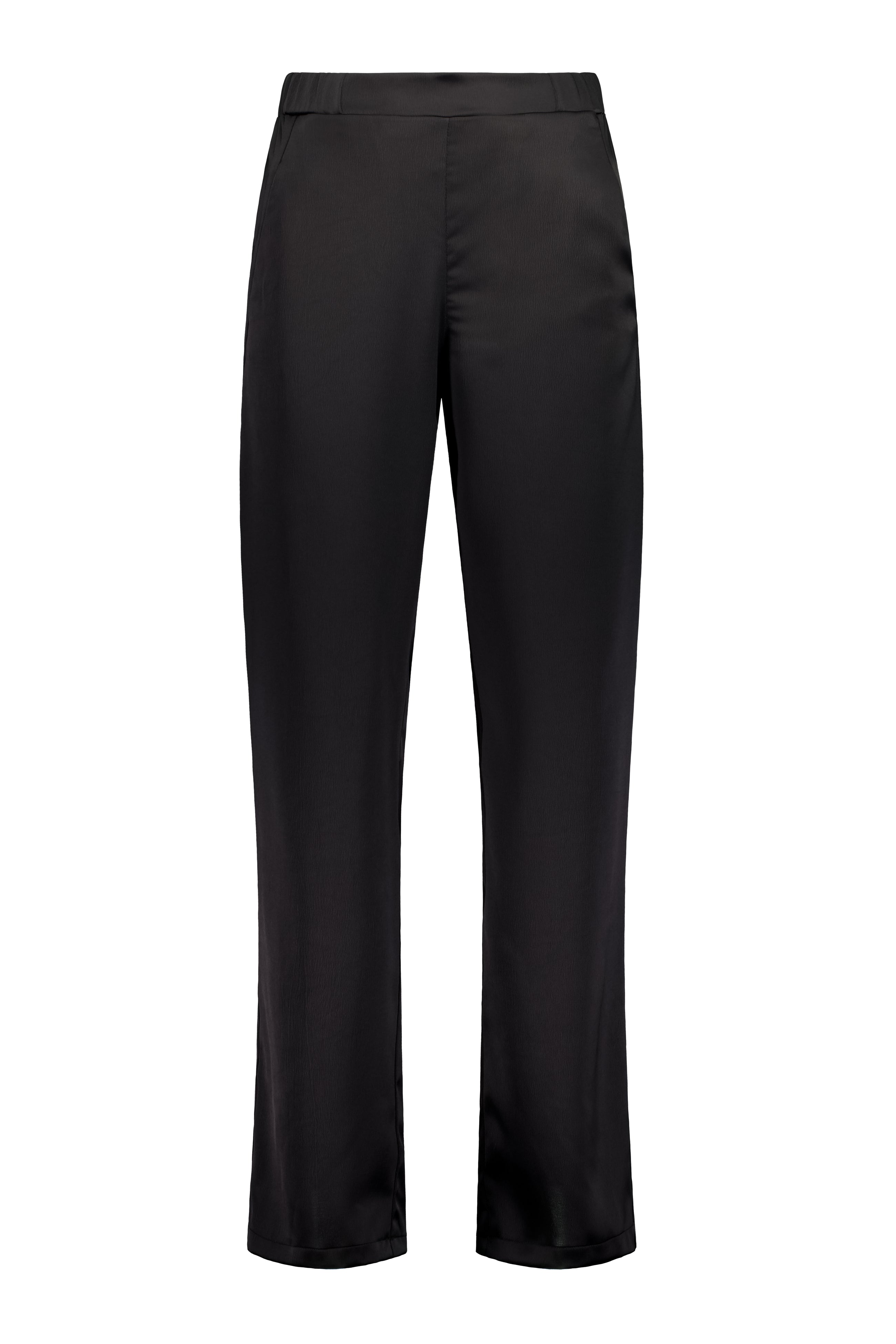 The NES Gin Satin Pant – a straight leg hammered satin pant with flat front, elastic back and fluid drape. Available in Black and Ink. NZ made.