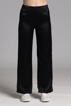 The NES Gin Satin Pant – a straight leg hammered satin pant with flat front, elastic back and fluid drape. Available in Black and Ink. NZ made.