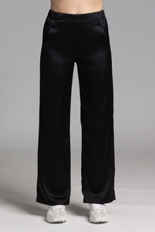 The NES Gin Satin Pant – a straight leg hammered satin pant with flat front, elastic back and fluid drape. Available in Black and Ink. NZ made.