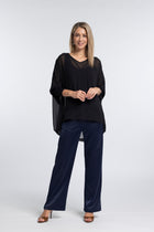 The NES Gin Satin Pant – a straight leg hammered satin pant with flat front, elastic back and fluid drape. Available in Black and Ink. NZ made.