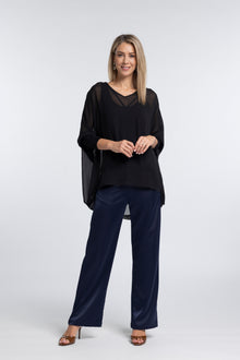The NES Gin Satin Pant – a straight leg hammered satin pant with flat front, elastic back and fluid drape. Available in Black and Ink. NZ made.