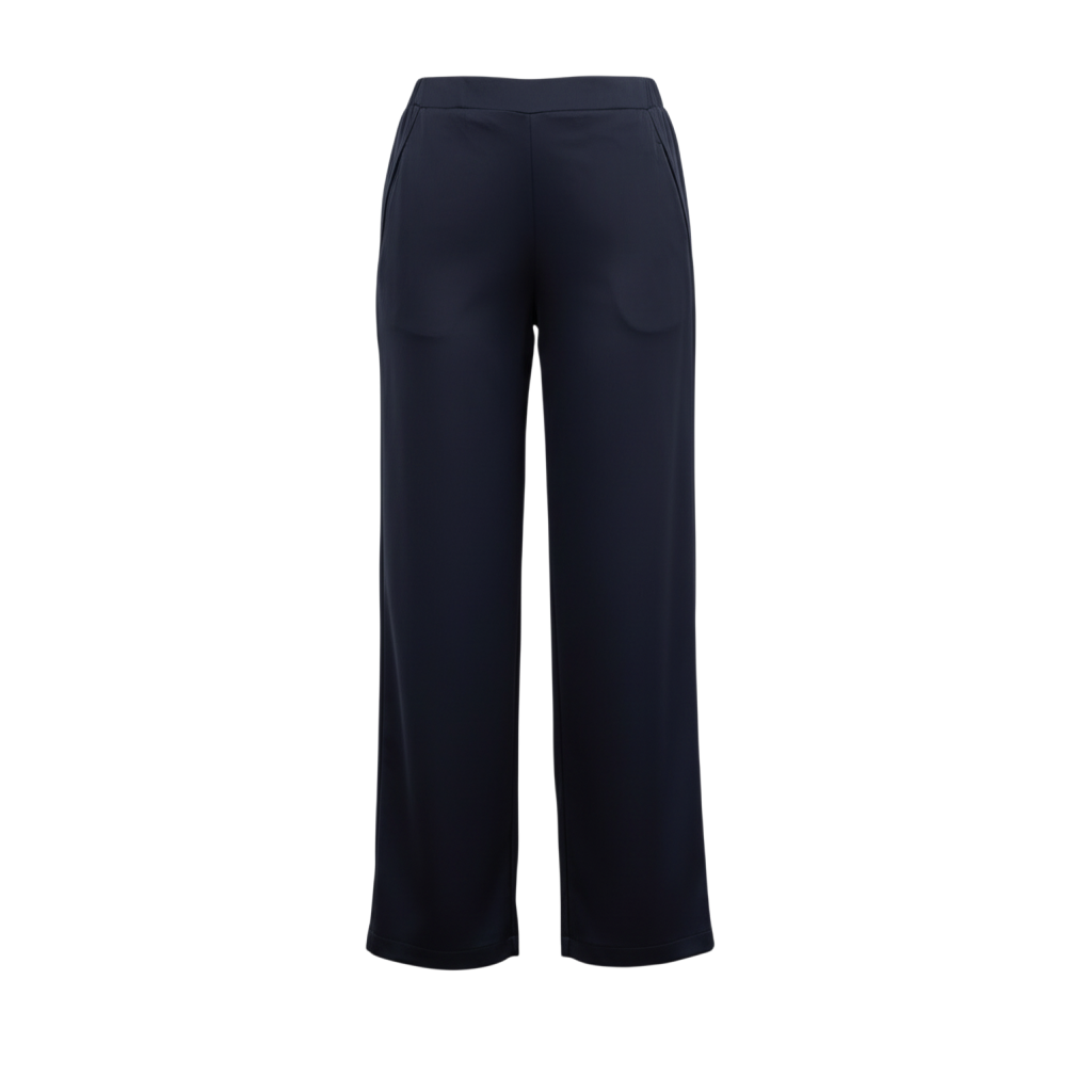The NES Gin Satin Pant – a straight leg hammered satin pant with flat front, elastic back and fluid drape. Available in Black and Ink. NZ made.