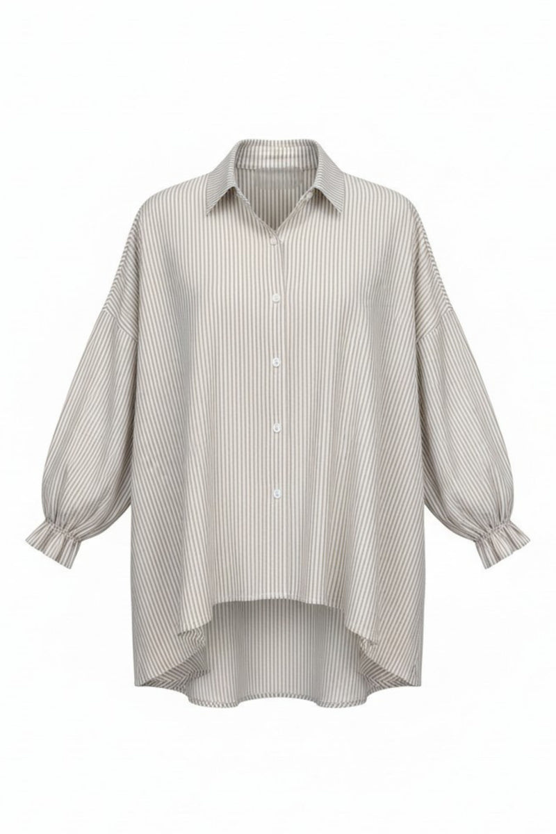 The NES Vey Shirt by N-E-S – a relaxed cotton shirt with 7/8 sleeves, three-row shirred cuffs and soft umbrella silhouette. In stripe or Kenzo Choc. NZ made.