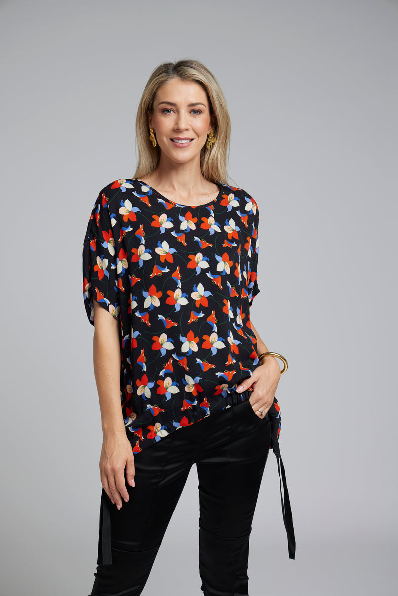 NES Vanotti Tunic by N-E-S  – a floaty scoop-neck tunic in viscose georgette or satin. Wear loose or drawn in. Sizes XS/S, SM, ML. NZ made.