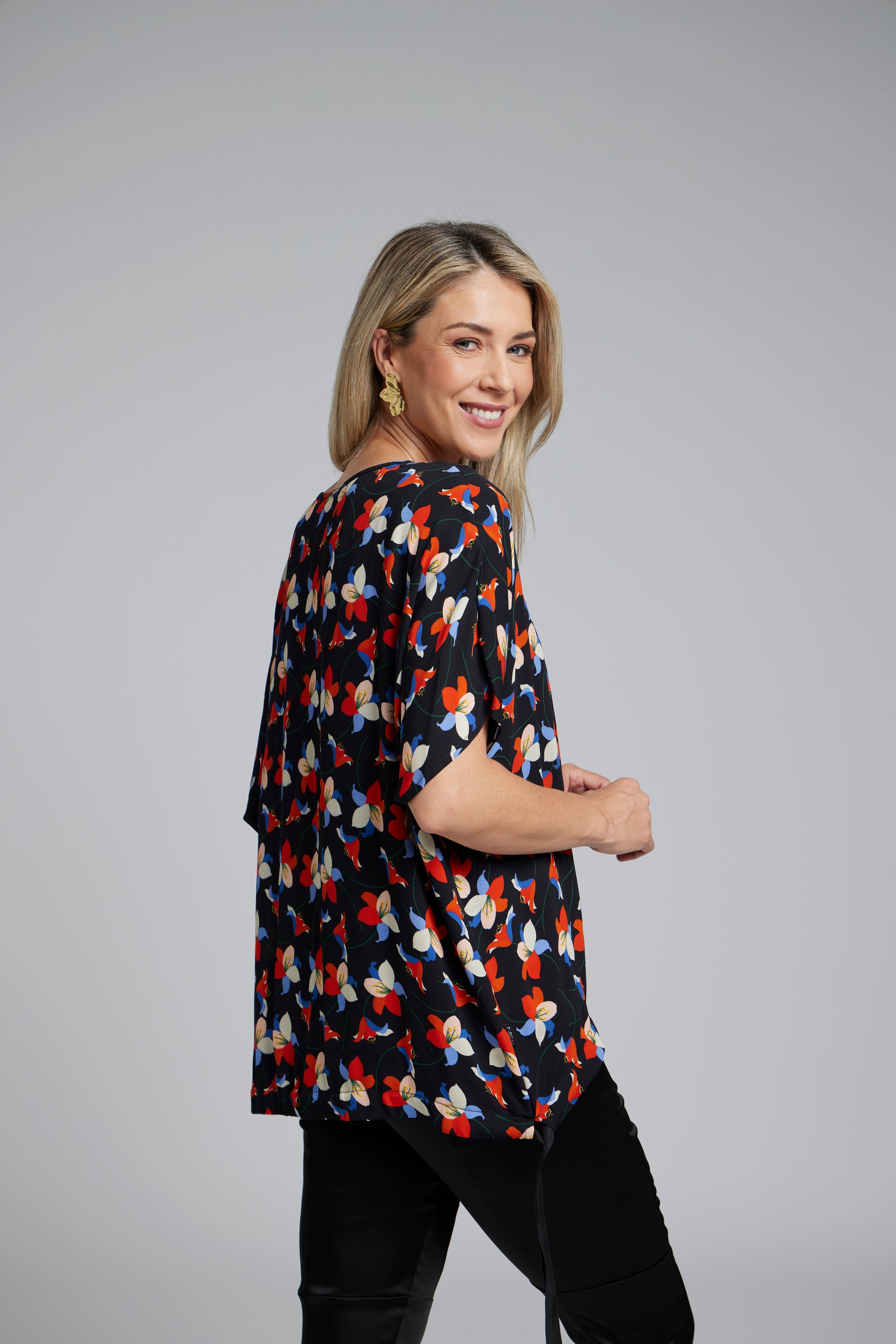 NES Vanotti Tunic by N-E-S  – a floaty scoop-neck tunic in viscose georgette or satin. Wear loose or drawn in. Sizes XS/S, SM, ML. NZ made.