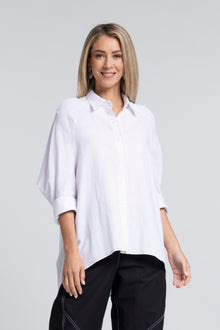 The NES Zola Linen Shirt – an oversized linen-cotton shirt with contrast stitching and drop-back detail. Lightweight and NZ made.