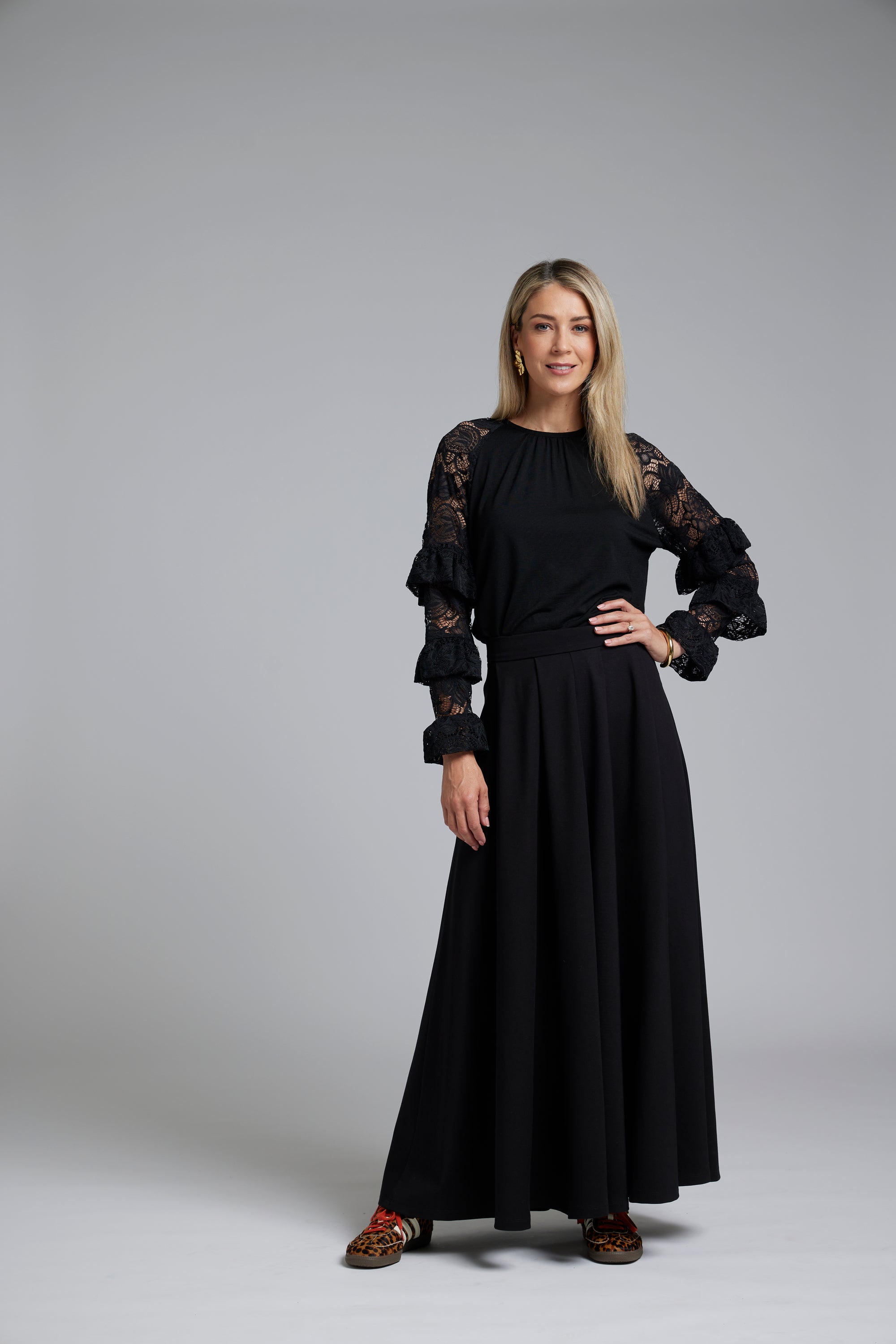 The NES Zadie Skirt by N-E-S – a full length ponte skirt with outward pleats, elastic back insert and clean modern fit. NZ made in Black or Latte.