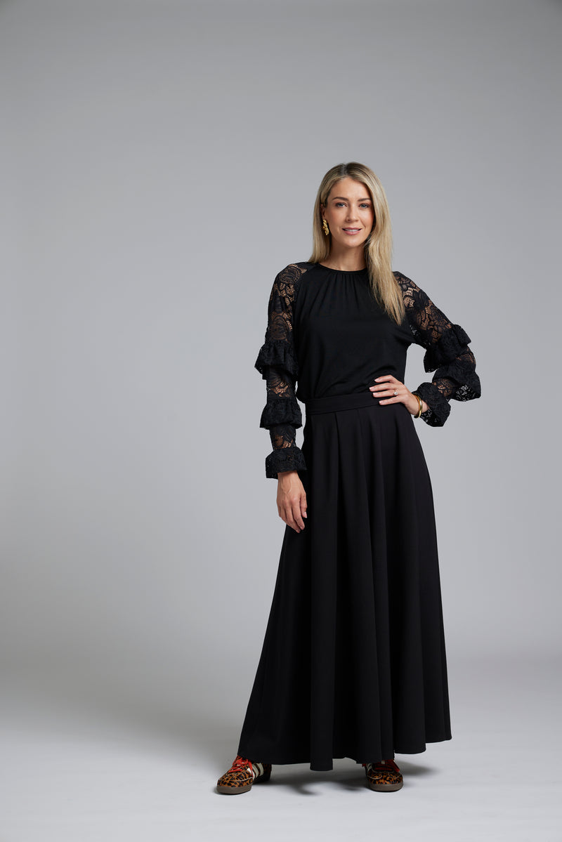 The NES Zadie Skirt by N-E-S – a full length ponte skirt with outward pleats, elastic back insert and clean modern fit. NZ made in Black or Latte.
