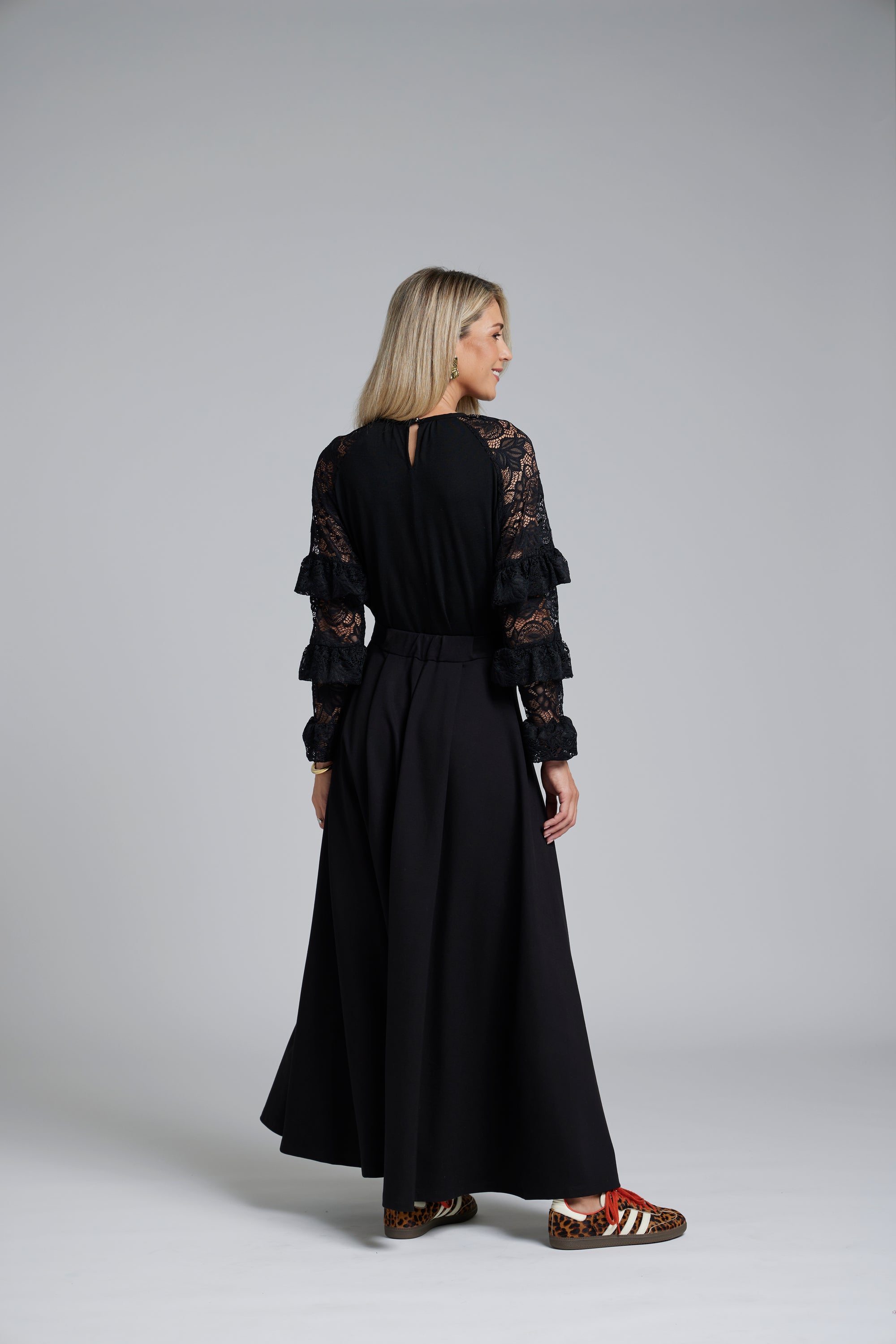 The NES Zadie Skirt by N-E-S – a full length ponte skirt with outward pleats, elastic back insert and clean modern fit. NZ made in Black or Latte.