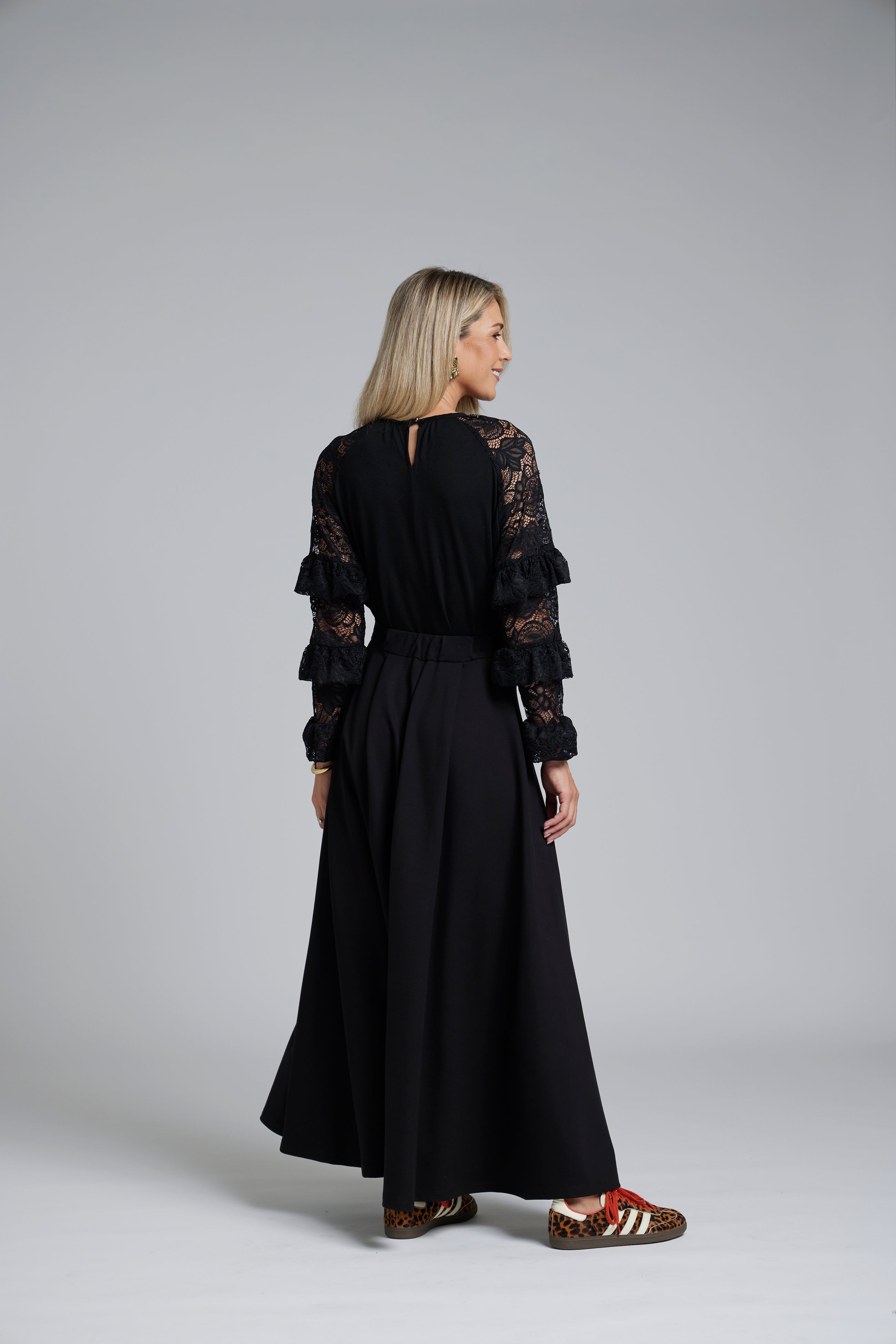 The NES Zadie Skirt by N-E-S – a full length ponte skirt with outward pleats, elastic back insert and clean modern fit. NZ made in Black or Latte.
