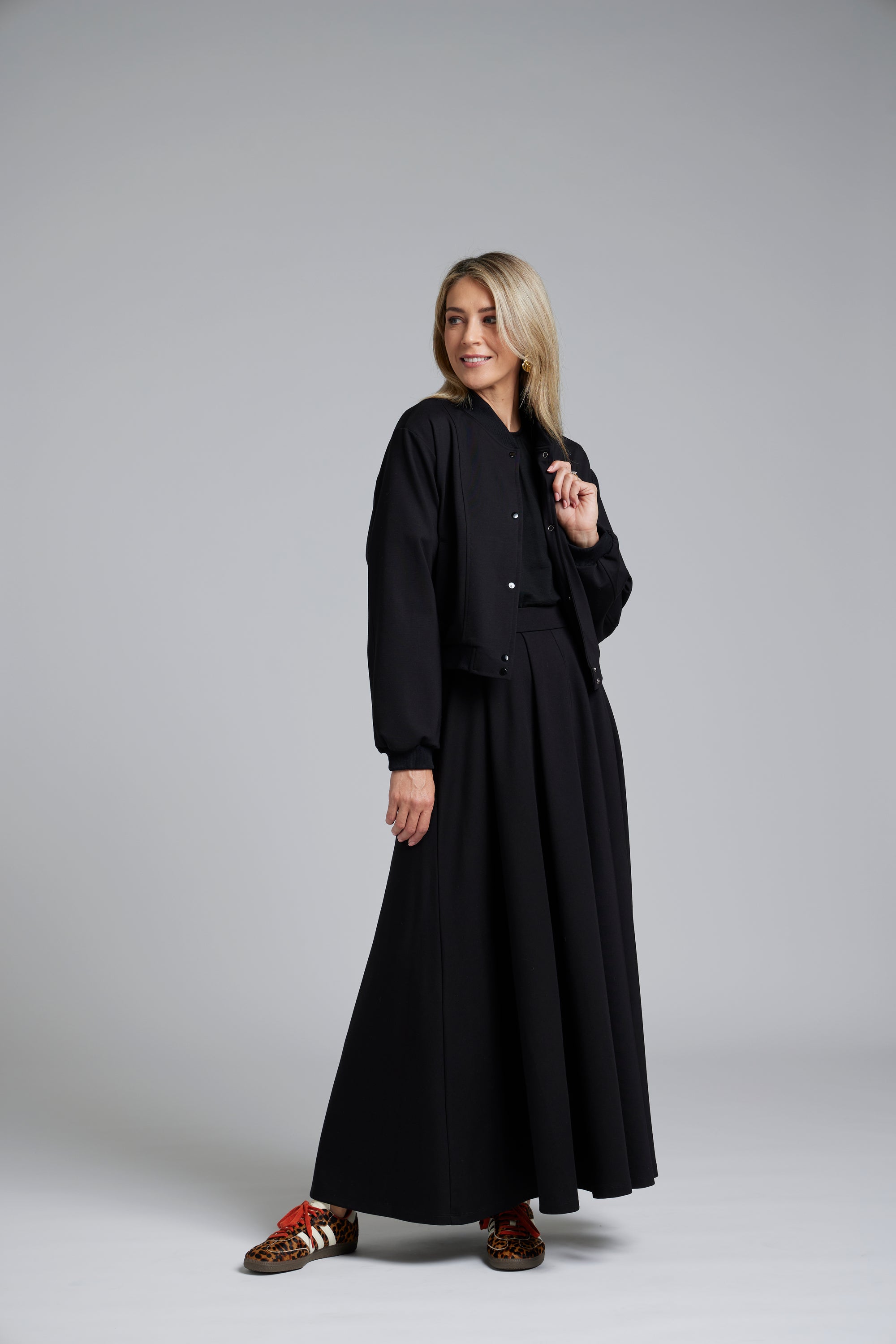 The NES Zadie Skirt by N-E-S – a full length ponte skirt with outward pleats, elastic back insert and clean modern fit. NZ made in Black or Latte.