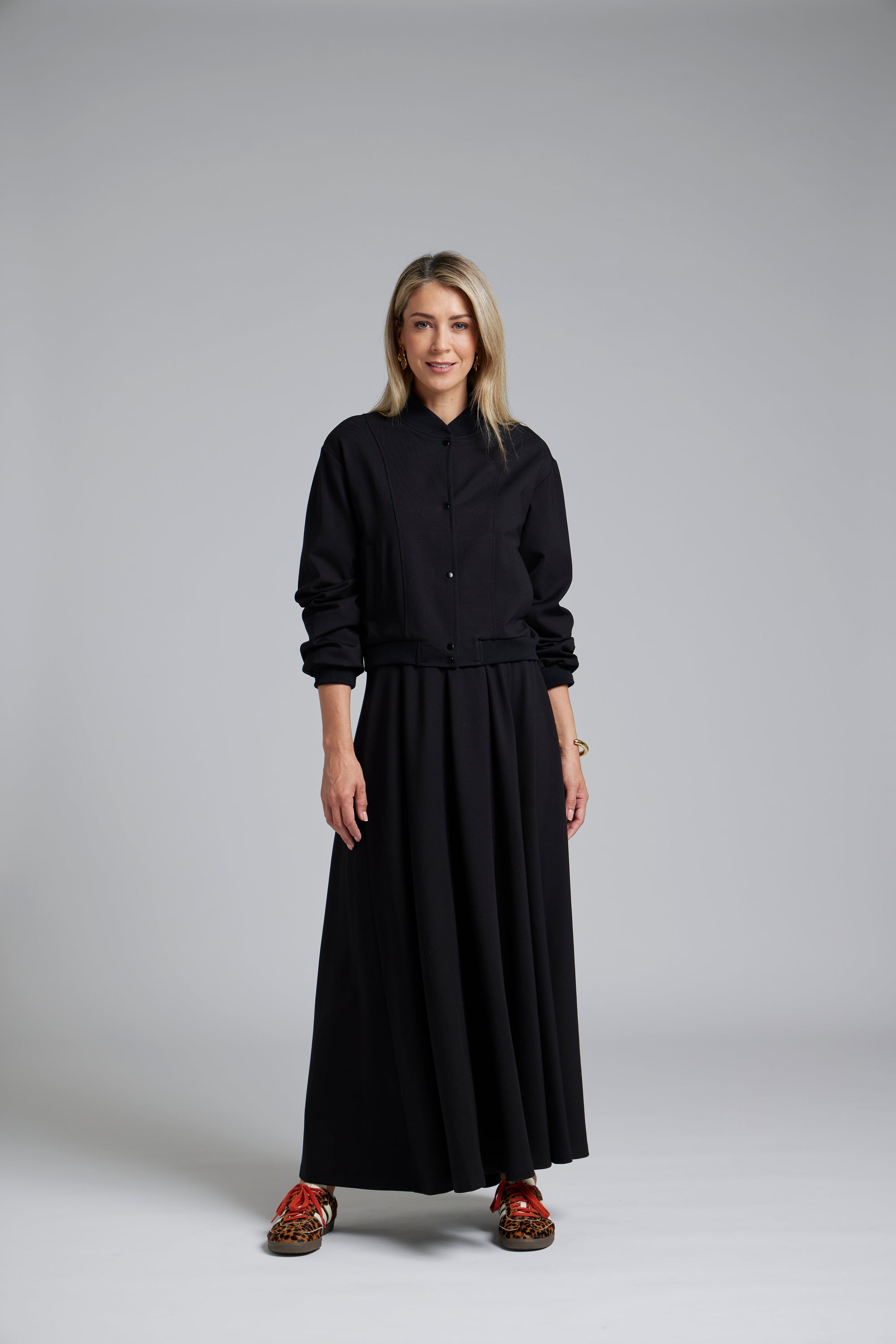 The NES Zadie Skirt by N-E-S – a full length ponte skirt with outward pleats, elastic back insert and clean modern fit. NZ made in Black or Latte.